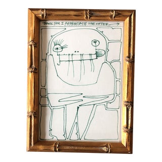 Vintage Original Wayne Cunningham Abstract “i Appreciate the Offer” Green Ink Drawing 1990’s For Sale