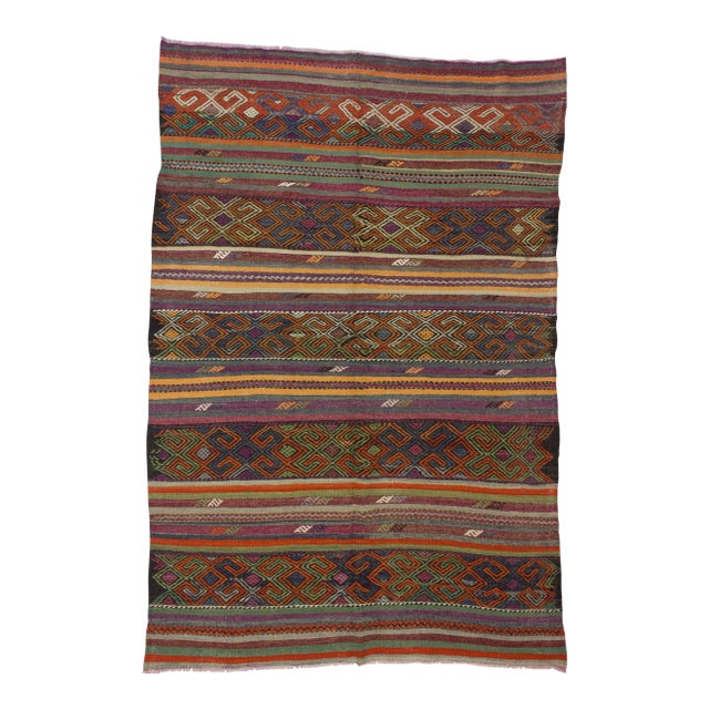 1960s Turkish Striped Embroidered Wool Kilim Rug For Sale