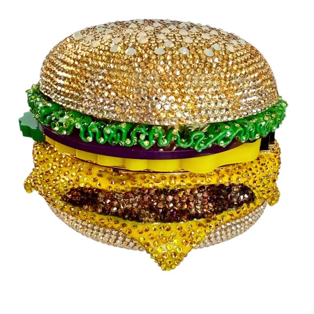 Judith Leiber 21c Judith Leiber Cheese hamBurger Crystal Gold Minaudiere Evening Clutch Shoulder Bag For Sale - Image 4 of 16