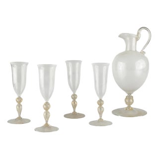 Champagne Set in Reticello and Gold Leaf by Carlo Scarpa for Venini, 1930s, Set of 5 For Sale