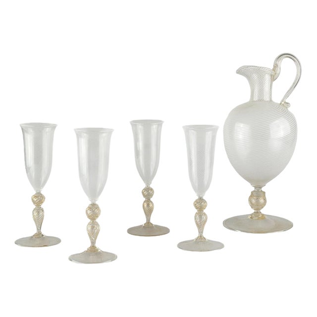Champagne Set in Reticello and Gold Leaf by Carlo Scarpa for Venini, 1930s, Set of 5 For Sale