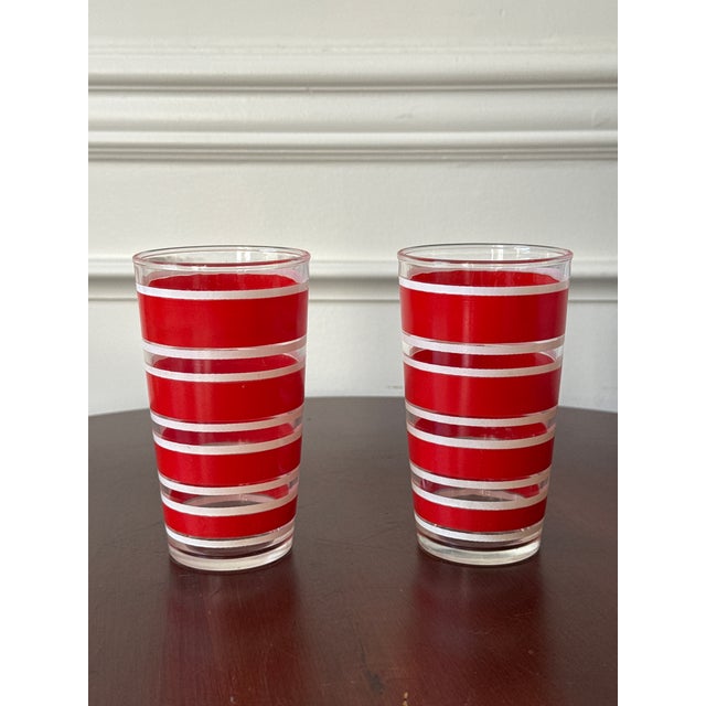 Glass Mid 20th Century Red and White Striped Drinking Glasses — Set of Four For Sale - Image 7 of 12
