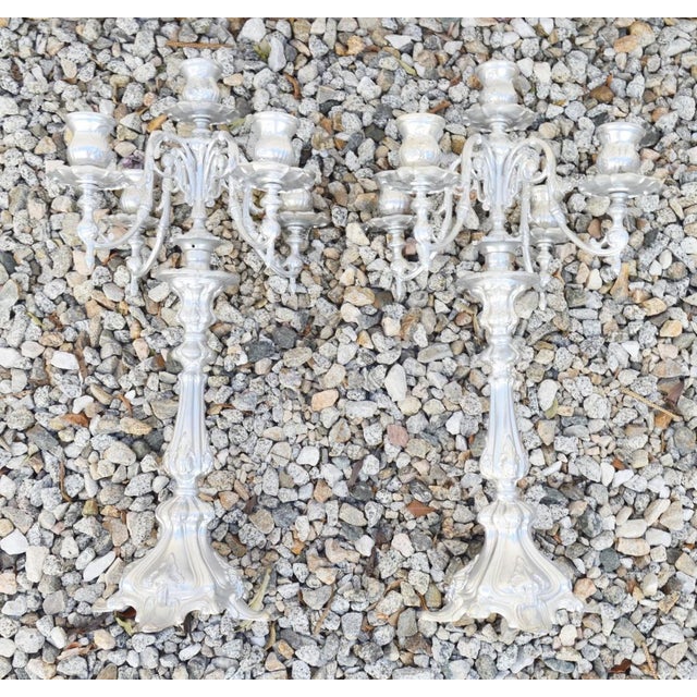 Traditional Candleholders Candelabras Pair 5 Cups Each Antique Circa 1950s Made of Pewter Silver Tone Made in Italy No Insignias For Sale - Image 3 of 12