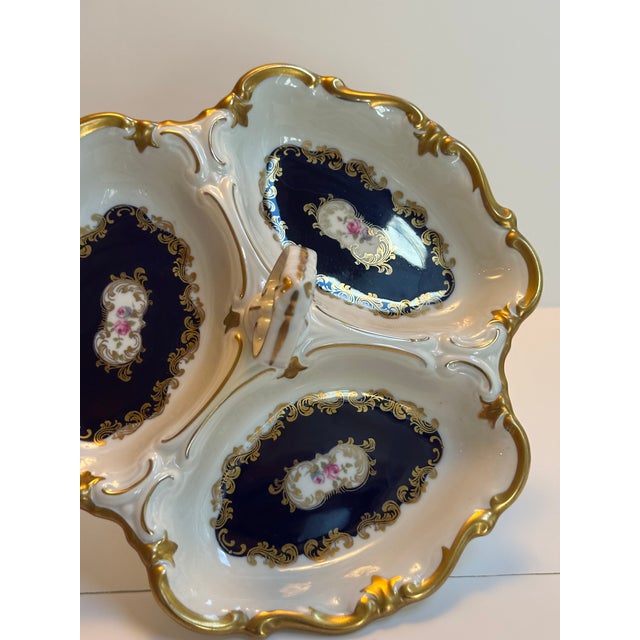 Ink Blue Vintage Reichenbach Germany d.r.echt Kobalt "German Roses" 1980s Three(3) Section Dish For Sale - Image 8 of 18