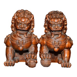 Pair of Vintage Chinese Boxwood Carved Foo Dogs / Guardian Lions For Sale