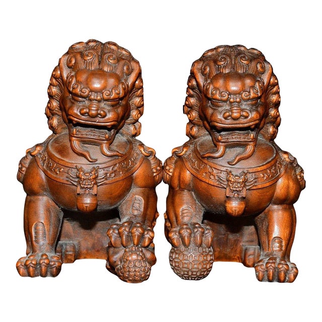 Pair of Vintage Chinese Boxwood Carved Foo Dogs / Guardian Lions For Sale