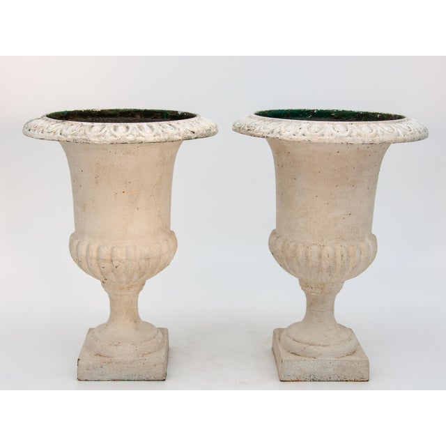 A pair of cast iron garden urns in a tabletop size. The lip of the urn has an egg and dart pattern the base of the urn is...