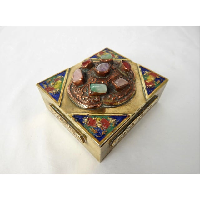 Antique Chinese Brass Box With Semi-Precious Stones For Sale In Orlando - Image 6 of 12