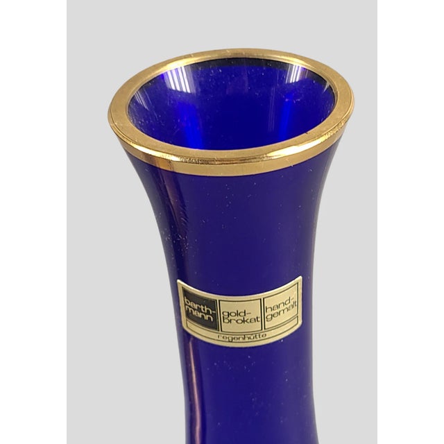 Late 20th Century Vintage Barth-Mann Pair Crystal Art Deco Blue Glass Crackle Gold Vases Germany For Sale - Image 5 of 5