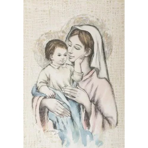 "Our Lady with Baby Jesus". Signed watercolor on paper. Dimensions: 49 x 34 cm.