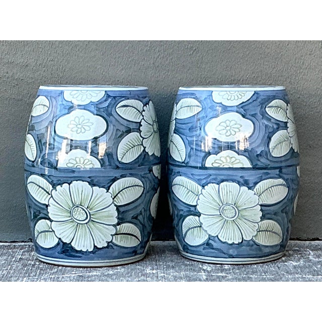 Chinoiserie Vintage Glazed Ceramic Floral Garden Stools - A Pair For Sale - Image 3 of 12