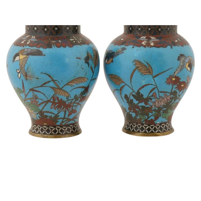 Pair of Antique Japanese Meiji Cloisonne Enamel Vases For Sale - Image 4 of 7