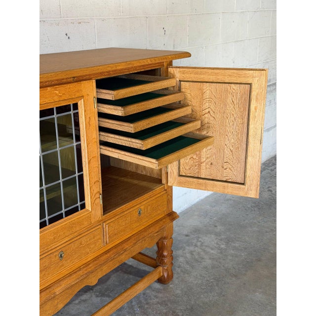 Henning Kjærnulf Oak Sideboard Credenza With Leaded Glass Doors Danish Mid-Century Modern 1970s For Sale - Image 4 of 13