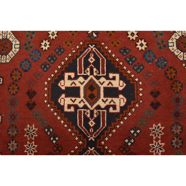 Red Shiraz Rug 3’9” X 5’3” Red Wool Vintage Tribal Hand-Knotted Oriental Carpet For Sale - Image 8 of 12