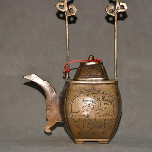 Brass Vintage Copper Wine Pot | Figural Scene Panel | Chinese Square Kettle With Handle For Sale - Image 8 of 9
