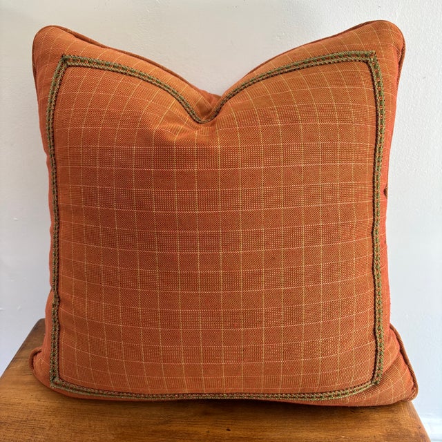 Feather Down Rust Orange Pillow With Trim Detail For Sale - Image 4 of 7
