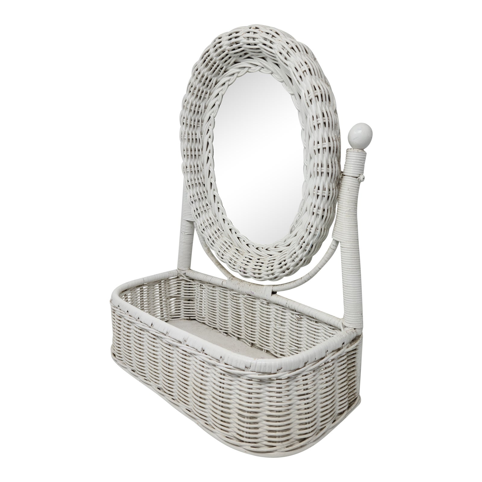 Vintage White Wicker Tabletop Vanity Mirror With Catchall Boho Chic