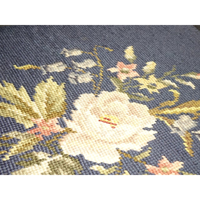 1970s Vintage Mid Century Modern Blue Needlepoint Tapestry Footstool Stool Bench For Sale - Image 5 of 11