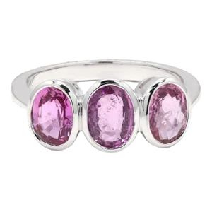 3.54Ct Three Stone Pink Sapphire Cocktail Ring in 18k Gold Size 7