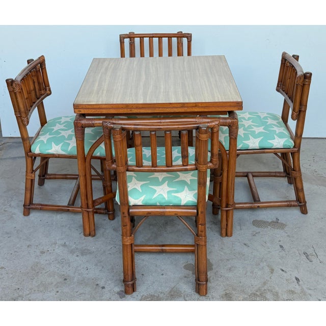 Ficks Reed Expandable Bamboo Game & Dining Table with 4 Matching Chairs, C. 1960 For Sale - Image 12 of 18