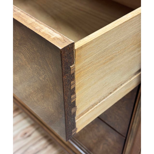 Vintage Founders Furniture Burl Wood Nine Drawer Lowboy Dresser For Sale - Image 10 of 12