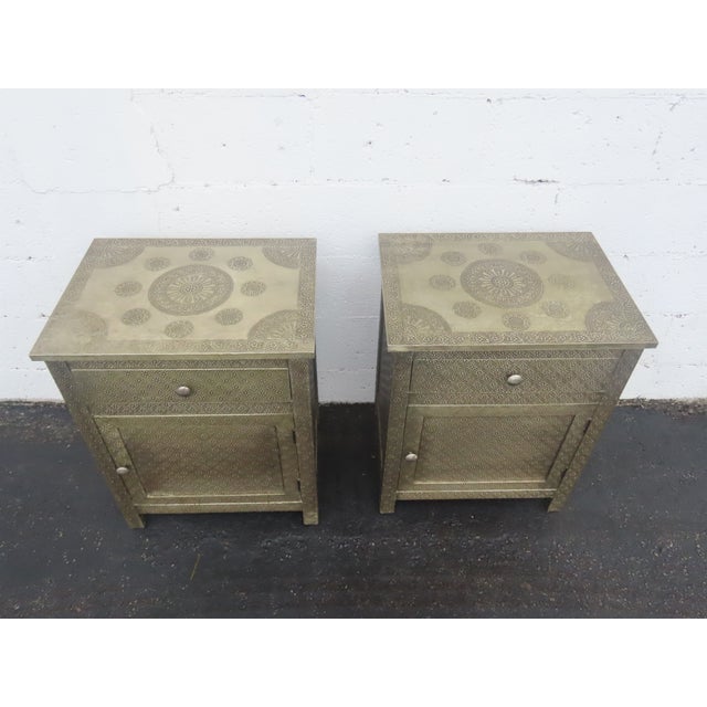 Embossed Metal Overlay End Tables Nightstands a Pair 6674 For Sale - Image 15 of 18