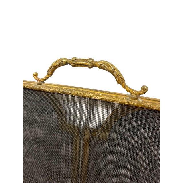 Vintage Brass-Toned Fireplace Screen With Folding Mesh Panels and Ornate Handle For Sale - Image 10 of 10