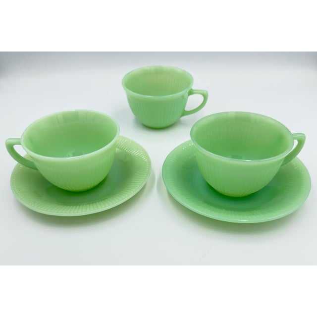 Shabby Chic 1940s Fire King Coffee Tea Cup & Saucer Jane Ray JadeIte by Anchor Hocking 5pc Set For Sale - Image 3 of 9