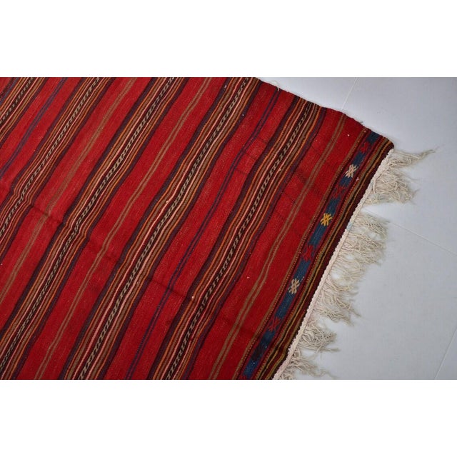Vintage Crimson Red Turkish Striped Kilim Rug With Geometric Border Details For Sale In Phoenix - Image 6 of 10
