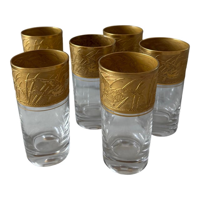 Vintage Cambridge Tumblers With Etch Gold Bird Design - Set of 6 For Sale
