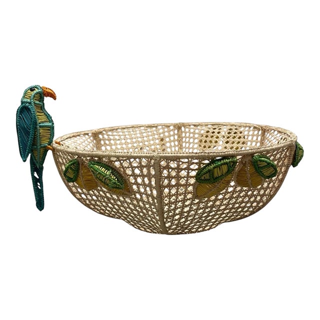 Vintage Tropical Raffia & Cane Fruit Bowl With Perched Parrot & Lemon Accents For Sale