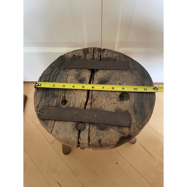 Antique 3 Legged Milking Butcher Stool Reinforced Primitive Iron Straps For Sale - Image 9 of 12