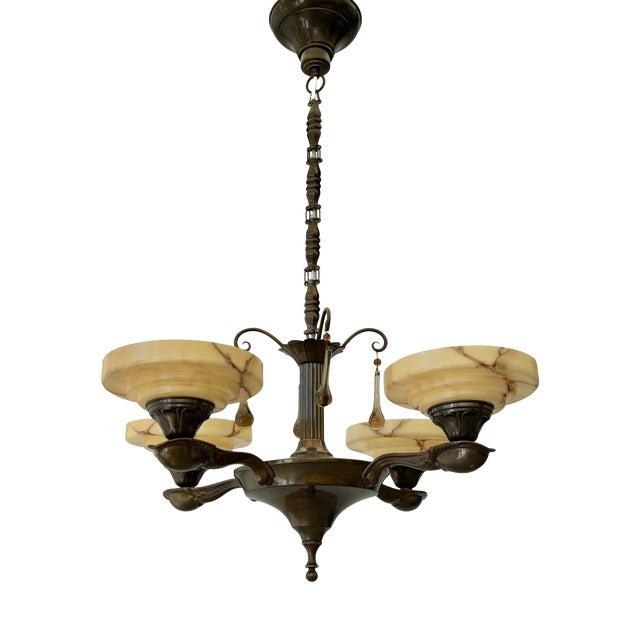 Chandelier in Brass & Glass from Bröderna Malmströms Metallvarufabrik, Sweden, 1930s For Sale