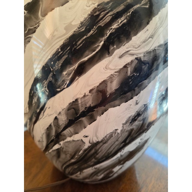 Mid 20th Century Vintage Mid Century Black + White Hand Painted/Glazed Pottery Table Lamp For Sale - Image 5 of 14