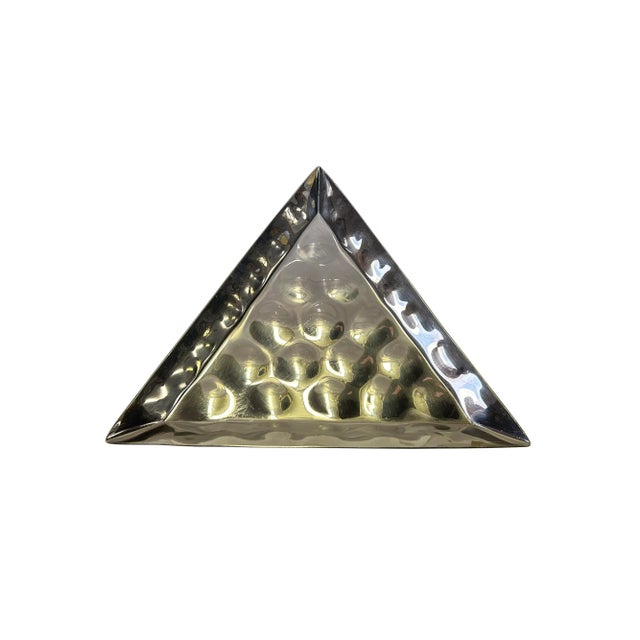 Modern Set 2 Artistic Hand Punch Marks Stainless Steel Triangle Display Serving Plate For Sale - Image 3 of 4