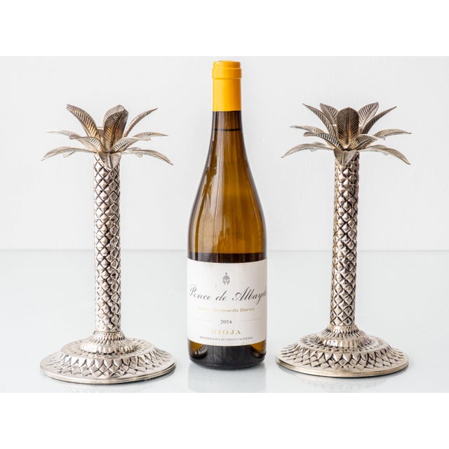 Vintage Hollywood Regency Palm Beach Silvered Metal Palm Tree Candlesticks, Set of 2 For Sale - Image 6 of 8