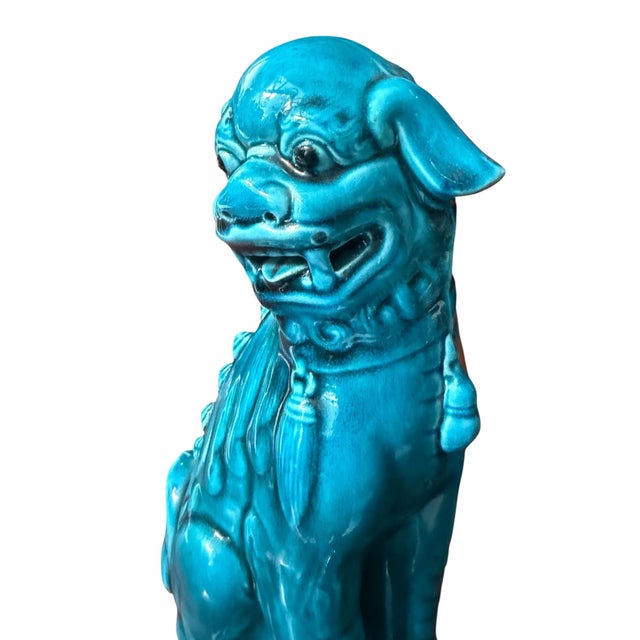 Chinese Pair of Antique Chinese Turquoise Pottery Foo Dogs Sculpture For Sale - Image 3 of 5