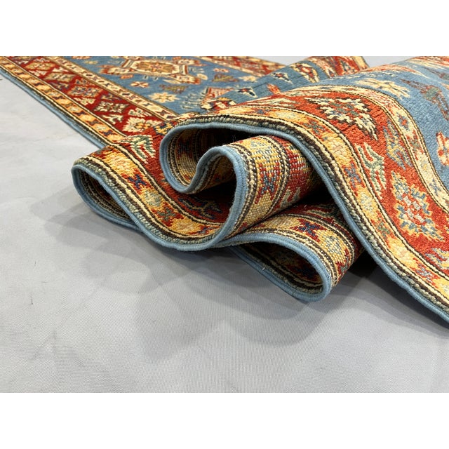 Blue and Rust Red Kazak Wool Runner Rug, Tribal Hallway Rug, 2'6" X 10'6" For Sale - Image 14 of 17