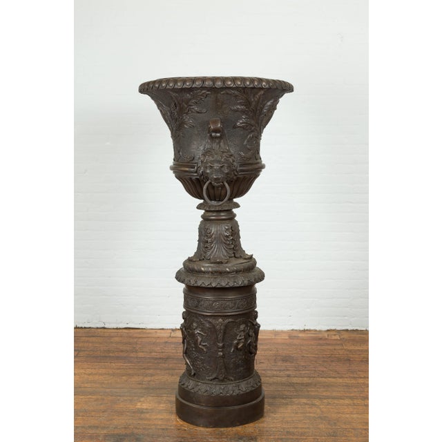 Early 21st Century Tall Custom Made Cast Bronze Urn on Pedestal with Lion Head Handles For Sale - Image 5 of 13