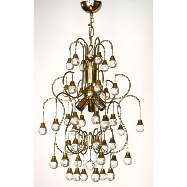 Paolo Venini Large Italian Hollywood Regency Brass and Glass Drop Chandelier, 1970 For Sale - Image 4 of 11