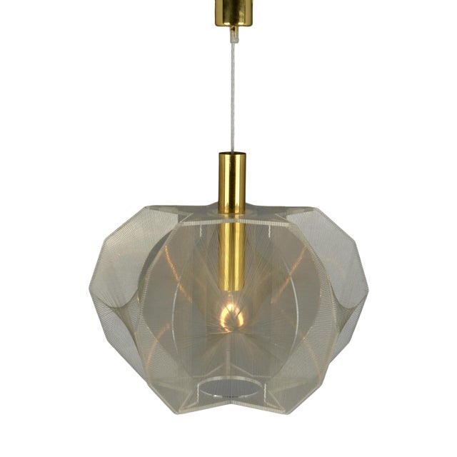 Mid-Century Modern Pendant Lamp in Clear Acrylic Glass, Wire and Brass, 1970s For Sale