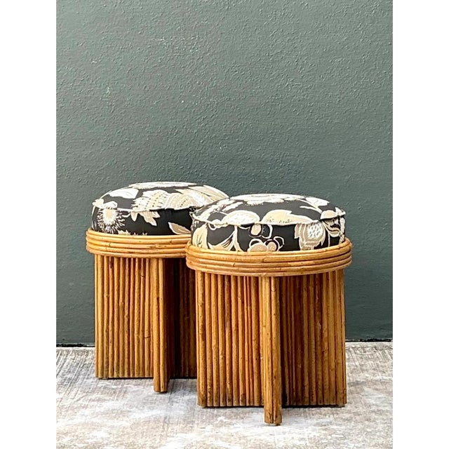 Late 20th Century Vintage Schumacher Pencil Reed Upholstered Stools - Pair For Sale - Image 5 of 12