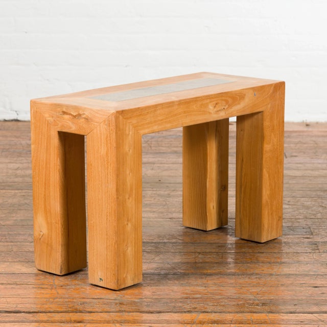 Chinese Vintage Wooden Bench with Antique Courtyard Stone Top Inlay For Sale In New York - Image 6 of 11