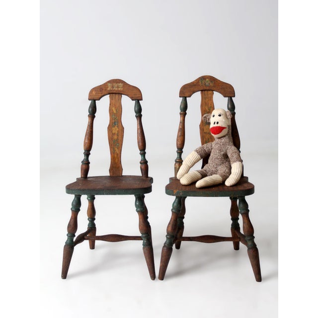 Brown Vintage Painted Wood Children's Chair Pair For Sale - Image 8 of 14