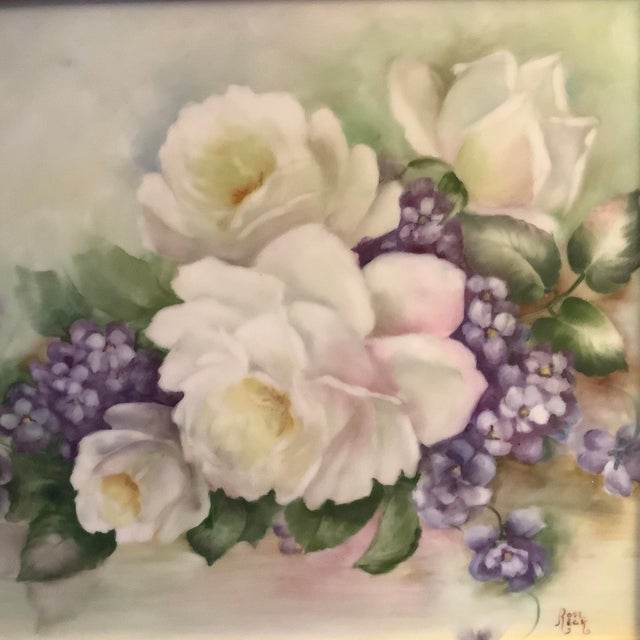 Wood Hand Painted Porcelain Plaque Features White Cabbage Roses & Lavenders by Rose Reck For Sale - Image 7 of 13