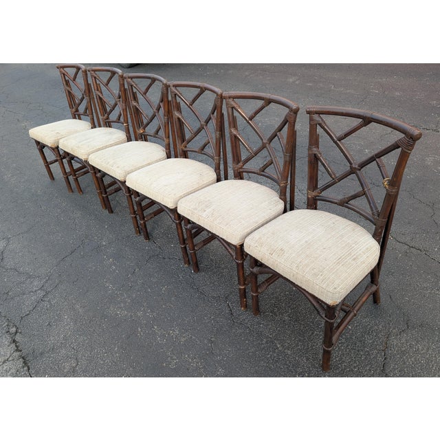 Chinoiserie Vintage Fick Reeds Set of 6 Bois Bamboo Chippendale Dining Chairs For Sale - Image 3 of 18