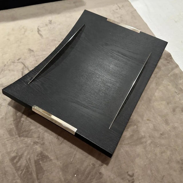 1990s Modern Curved Ebonized Wood and Sterling Silver Serving Tray by Silvan For Sale - Image 4 of 11