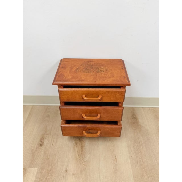 Vintage Mini Dresser Tiger Engraved Top Three Drawer Transitional Primitive For Sale - Image 13 of 14