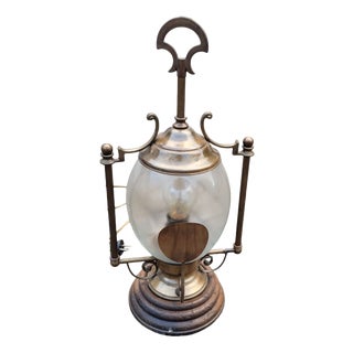Vintage Revival French Brass, Glass and Wood Hurricane Table Lamp, 1960s For Sale