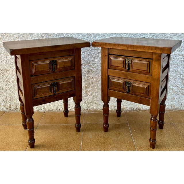 1950s 20th Century Spanish Nightstands with Two Drawers and Iron Hardware, 1950s, Set of 2 For Sale - Image 5 of 18